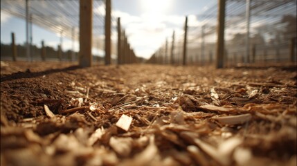 Ground Level View of Wood Chips on Soil in Greenhouse Setting under Bright Sky with Sunlight Filtering through Structure