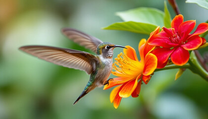 Fototapeta premium Hummingbird in flight near colorful blossoms depicting natural fauna in a garden environment with blurred background and shallow depth of field