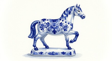 Delicate porcelain horse figurine, adorned with intricate blue floral patterns, standing gracefully on a simple white base.