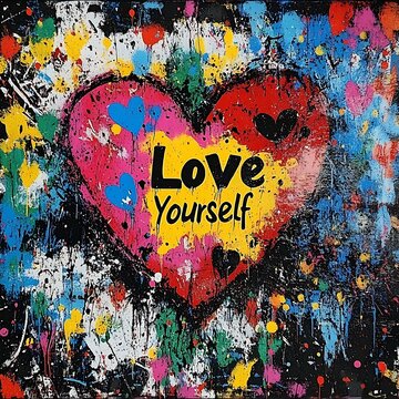 Naklejki Graffiti art of a heart with the quote "Love Yourself" surrounded by colorful paint splatters.