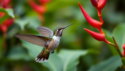 Fototapeta premium Hummingbird in natural habitat wildlife bird detail focus green foliage red elements outdoor scene