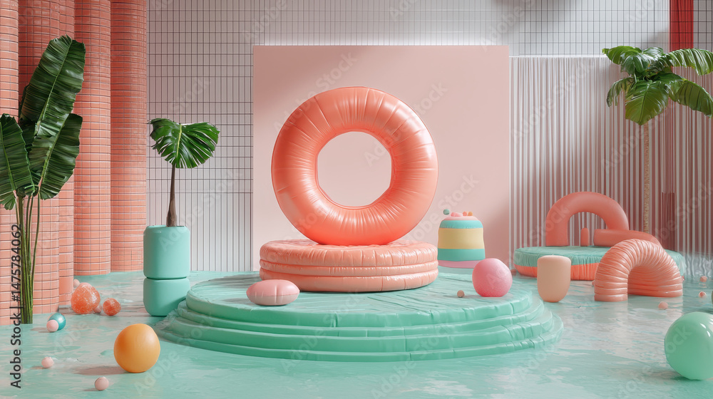 Poster vibrant abstract geometric shapes in coral and aqua hues create a playful digital dreamscape, offe a