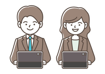 タブレットPCで仕事をする男女のベクターイラストセット