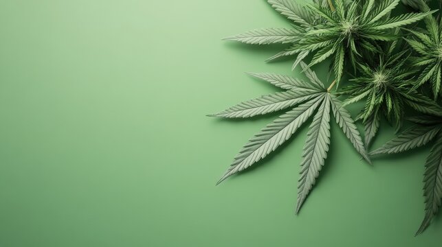 Fresh cannabis leaves and buds are arranged on a solid light green background creating a vibrant texture.