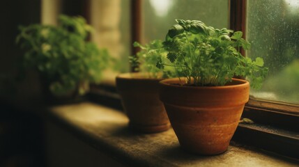 Fresh Green Herbs in Terracotta Pots by a Window with Soft Natural Light and Cozy Atmosphere