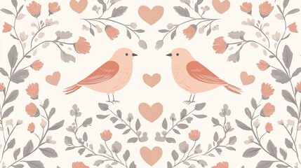 Fototapeta premium Charming illustration of lovebirds amidst floral branches and hearts