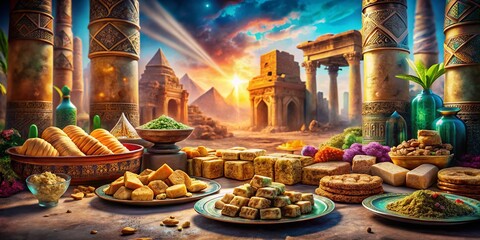 Surreal Egyptian Desserts: Dreamy Baklava & Basbousa in Ancient Ruins