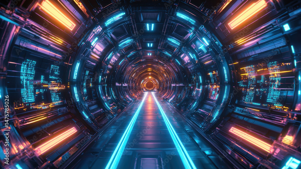 Poster abstract digital tunnel displays vibrant patterns with glowing lights and futuristic design creating
