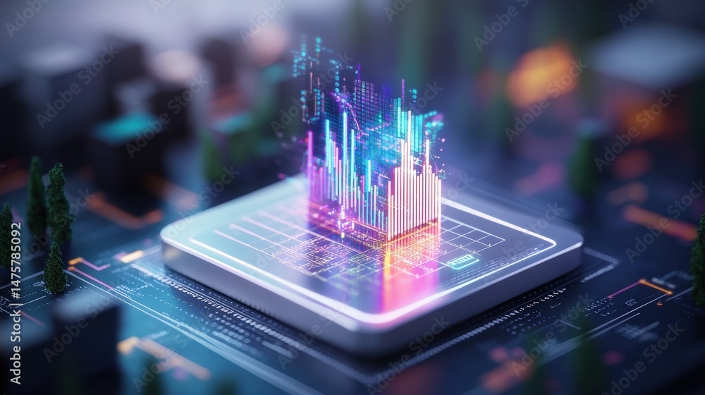 Poster digital technology showcases rising data visualization on microchip for artificial ligence innovatio