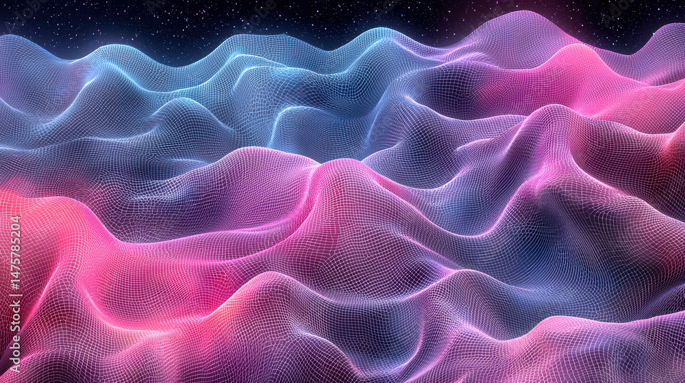 Poster abstract digital art shows pixelated patterns with vibrant blue and pink hues, creating a representa