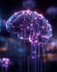 Futuristic abstract representation of AI glowing neural brain shape with circuit patterns and electric connections, deep purple and blue tech tones, vertical layout, digital intelligence concept art