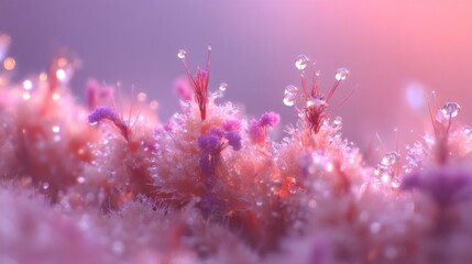 Delicate Macro View of Colorful Flora with Water Droplets Glimmering Under Soft Light in a Soft Pink and Purple Atmosphere