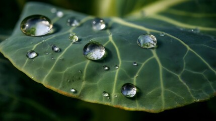 Close-Up of Water Droplets on a Green Leaf Showcasing Nature's Beauty and Freshness in a Serene Outdoor Setting