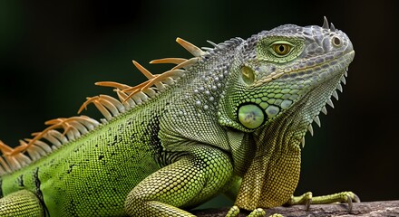 Fototapeta premium Green Iguana Close-up Portrait on Branch Nature Scene