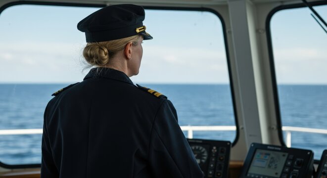 Back view of a female captain in uniform standing on a ship's bridge, looking out at the vast blue sea