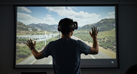 Adult male wearing a virtual reality headset and headphones interacting with a large screen displaying a simulated road and mountain landscape