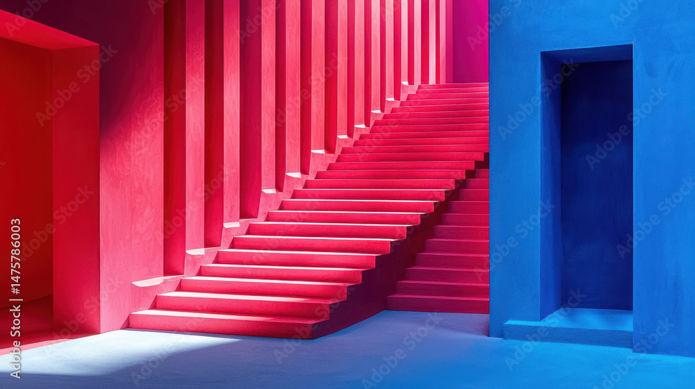 Poster abstract architectural design featu a bold red staircase with cube shadows creating strong contrast 