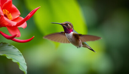 Fototapeta premium Hummingbird in flight near a flower nature photography image