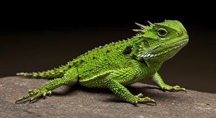Fototapeta premium Green Lizard Resting on Rock Close Up Wildlife Photography