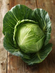 Obraz premium Cabbage Head With Fresh Outer Leaves Resting on a Clear Wooden Table Surface in a Bright Natural Light Setting