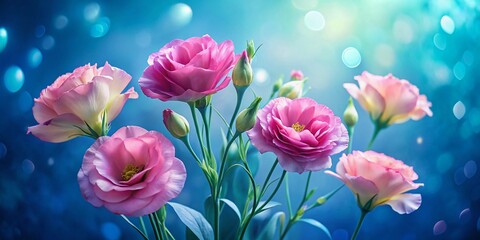 Fototapeta premium Surreal Pink Lisianthus Flowers Isolated on Blue Background - Stock Photo