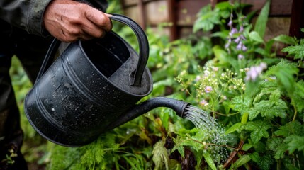 Person Watering Plants with Black Watering Can in a Lush Garden During Daylight, Nurturing Nature and Growth