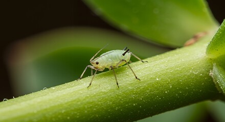 Naklejka premium Macro Photography of a Green Aphid on a Plant Stem