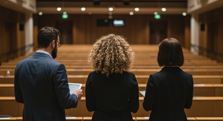 Rear view of a man and two women standing in an empty lecture hall or auditorium, looking out at the rows of seats, possibly preparing for a presentation or event.