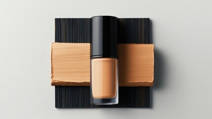 A bottle of skin tone liquid foundation is presented with swatches on a textured dark background block.