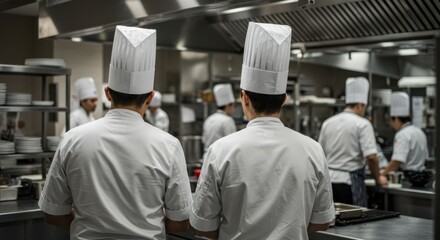 Rear view of professional chefs wearing white uniforms and hats working diligently in a busy commercial kitchen environment