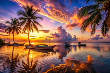 Surreal Tropical Sunset Beach Scene: Silhouetted Palms & Boats