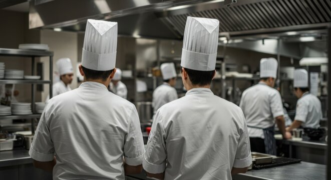 Rear view of professional chefs wearing white uniforms and hats working diligently in a busy commercial kitchen environment