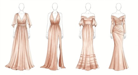 Elegant gowns sketched in soft blush tones. Perfect for evening wear, bridal parties, or formal events. Designs include various styles.