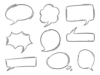 Hand Drawn Comic Speech Bubble Pack. A bundle of 9 sketch style speech bubble outlines in various shapes including round, rectangular, and comic bursts ideal for dialogue, stickers, and pop art design
