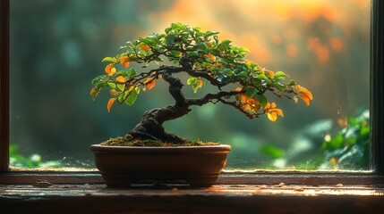 Bonsai tree A serene miniature tree in a pot by a window, with sunlight dappling through leaves