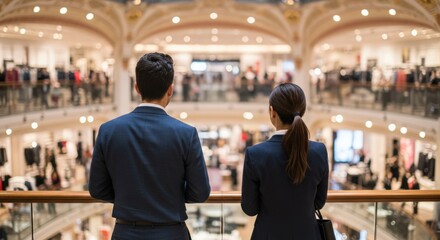 Adult man and woman in business attire looking out over a large, multi-level indoor shopping mall or department store