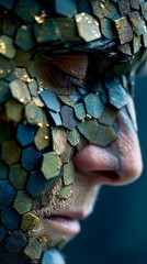 Close-up of a face adorned with intricate, textured, mosaic-like patterns of teal and gold
