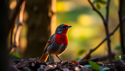 Obraz premium Detailed depiction of a vibrant bird perched on a branch set against a blurred green and yellow background showing natural habitat showcasing wildlife details