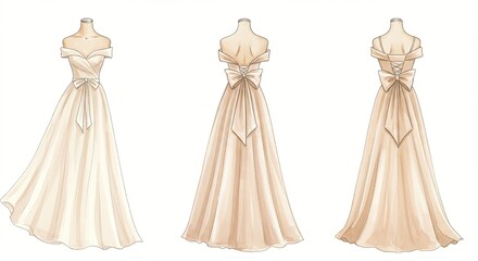 Illustration of a flowing A-line gown with an off-the-shoulder neckline, sash, and bow, presented from multiple angles.
