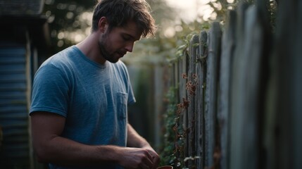 Young man tending to garden with care in soft evening light, showcasing passion for nature and sustainable living in serene environment
