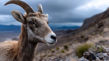 Fototapeta premium Close-up of a female bighorn sheep in a mountainous landscape