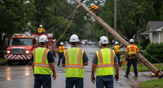 Utility workers in hard hats and safety vests assess a fallen power pole and downed lines on a residential street after a storm