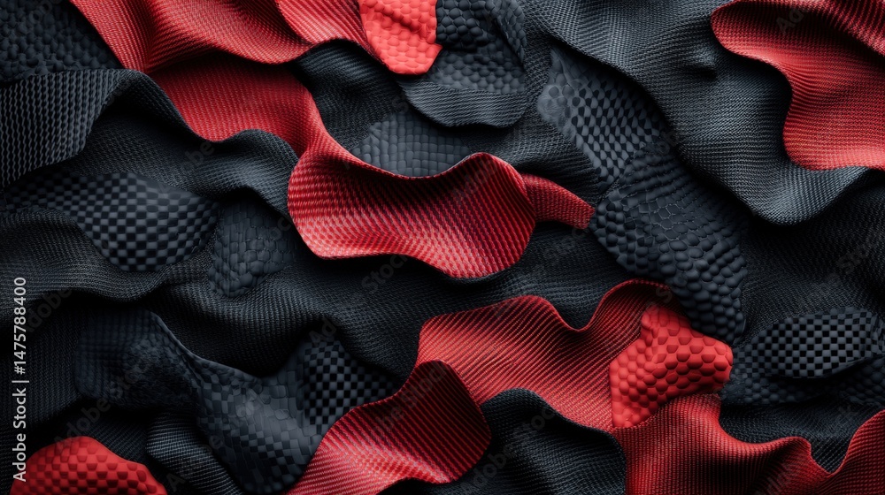 Poster abstract waves of textured red and black fabric create a visually interesting three dimensional back