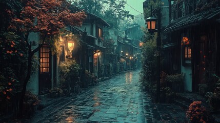 Mysterious rainy alley with traditional buildings illuminated by warm lights