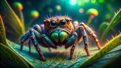 Tiny Jumping Spider on Lush Green Leaf - Surreal Macro Photography
