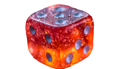 Vibrant Close-Up of a Glimmering Orange and Red Dice with Crystal-like Texture Capturing Light