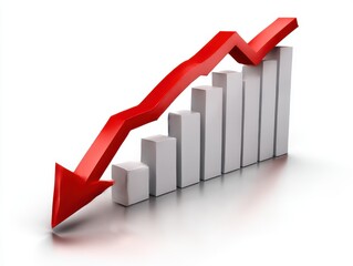 Decreasing graph with red arrow isolated on white background. use cases: finance, business.