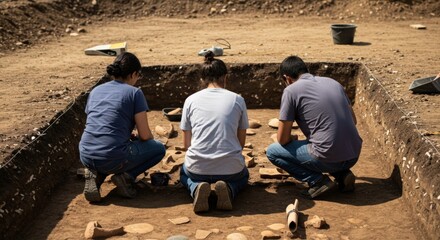 Three archaeologists, two women and one man, carefully excavating an ancient site, examining artifacts and soil in a square trench under sunlight
