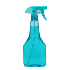 Turquoise plastic spray bottle with liquid isolated on transparent background