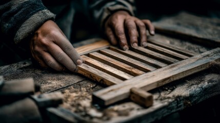 Craftsman Carefully Assembling Wooden Strips To Form A Unique Artisan Piece In A Workshop Setting